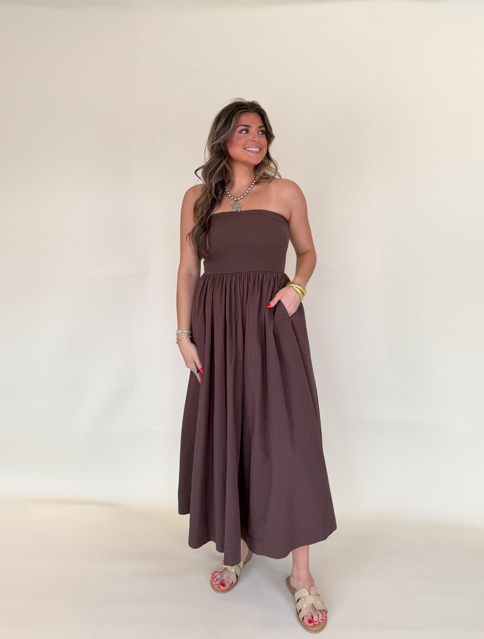 Strapless Flowy Midi Dress – Seven & James