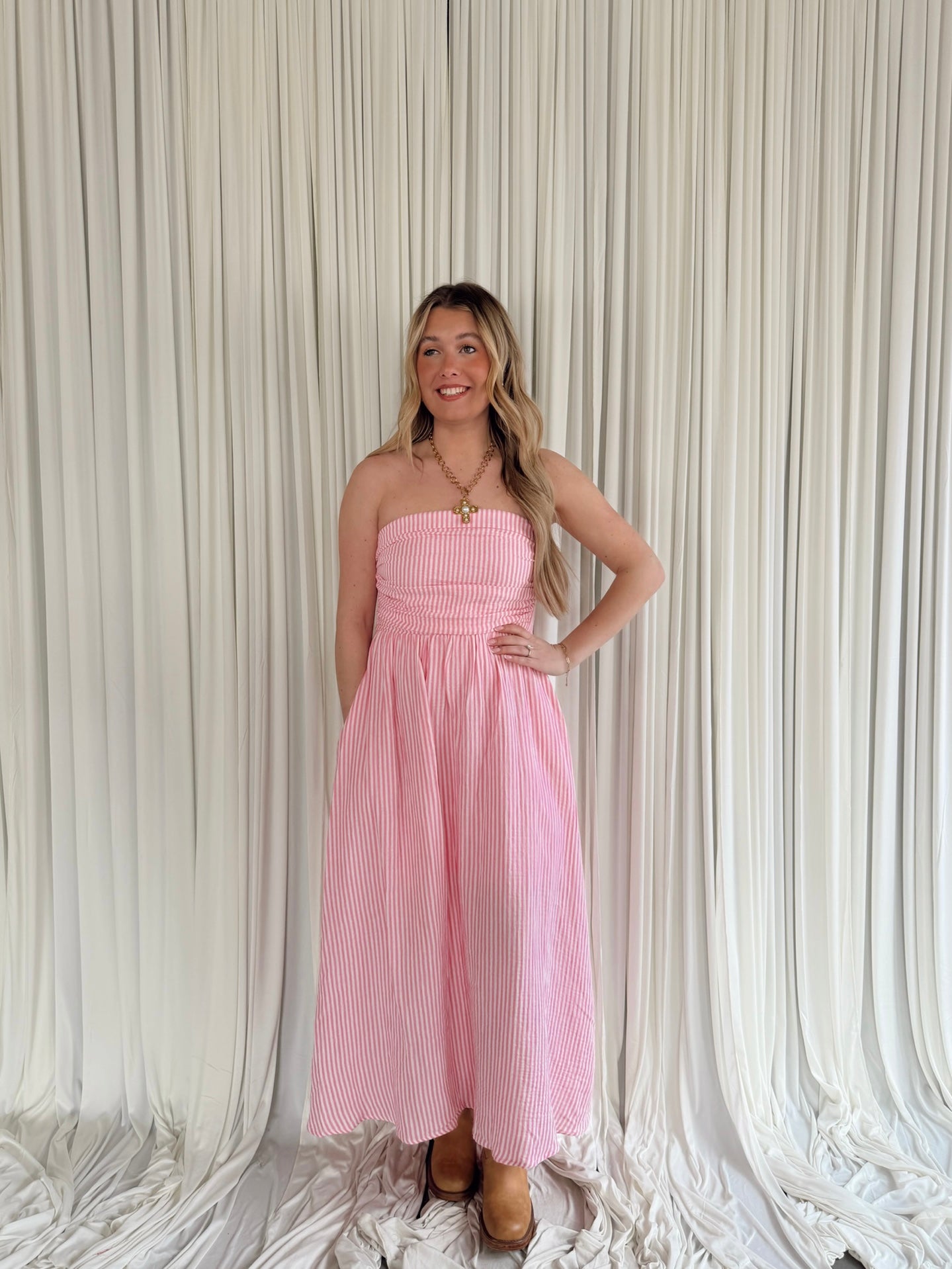 pink and white striped maxi dress Strapless Pink Stripe Maxi Dress – Seven & James