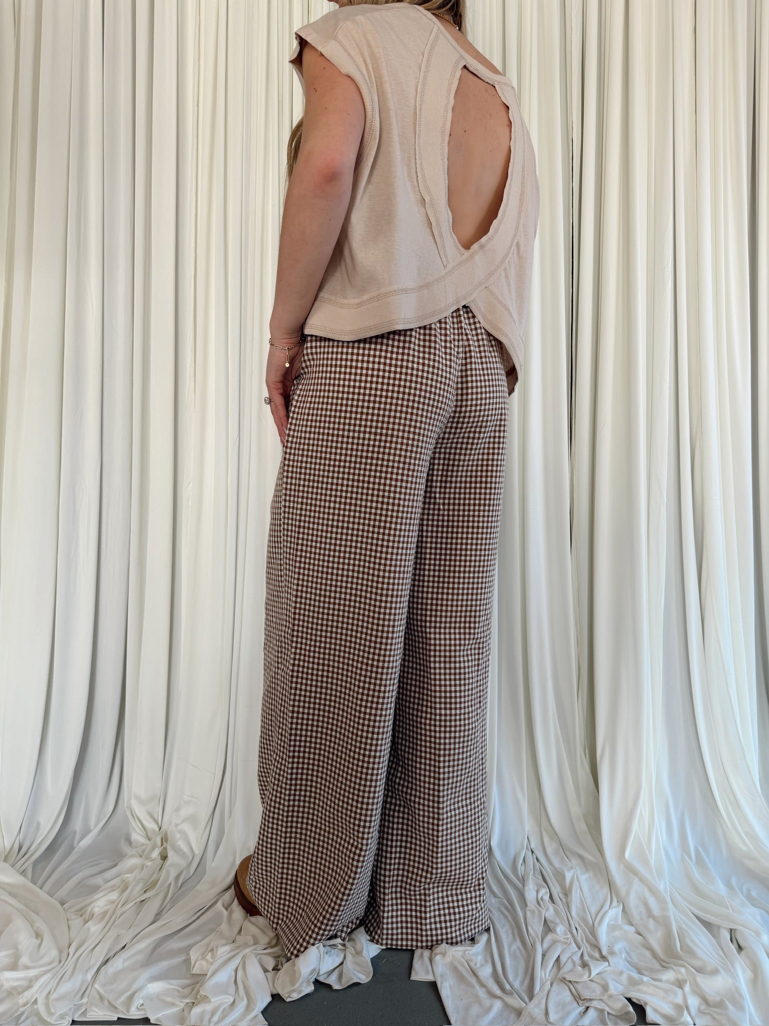 Gingham Drawstring Wide-Leg Pants