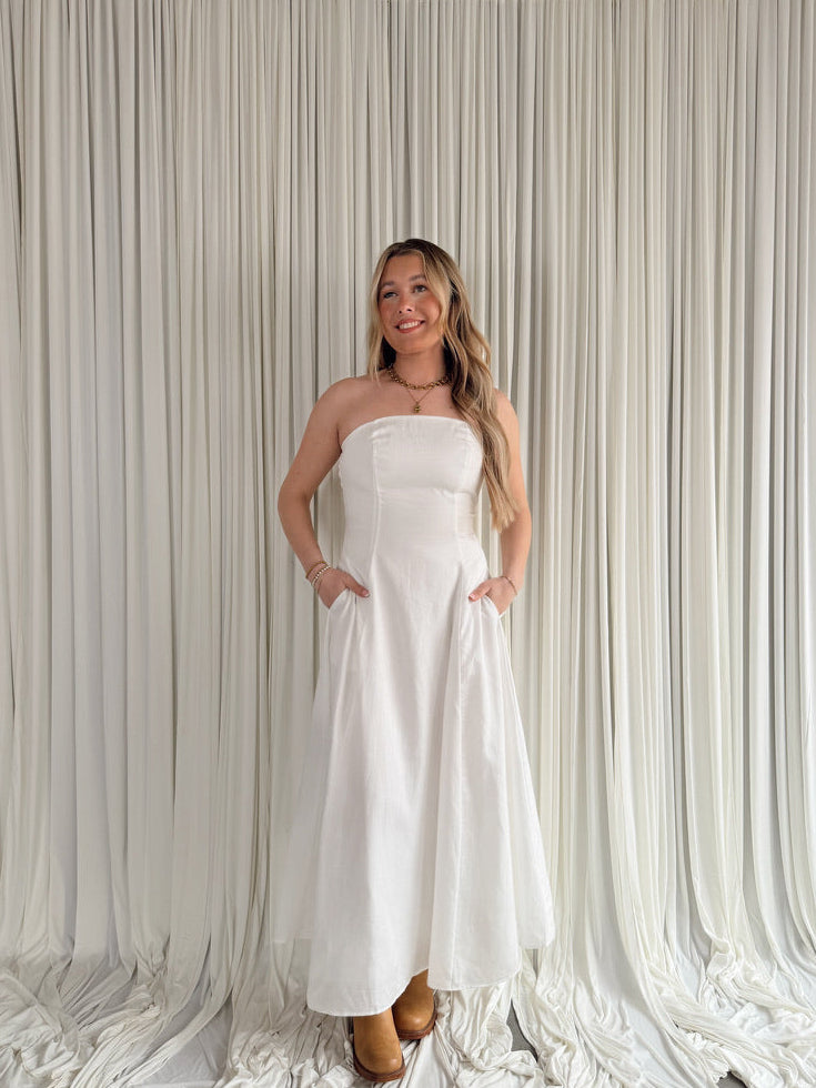 Strapless Linen Midi Dress