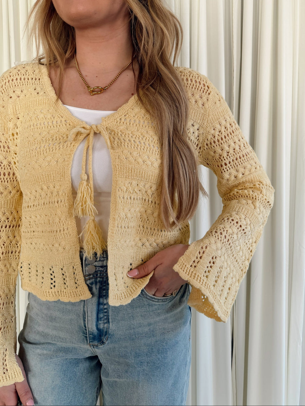 Cropped Long Sleeve Tie Top