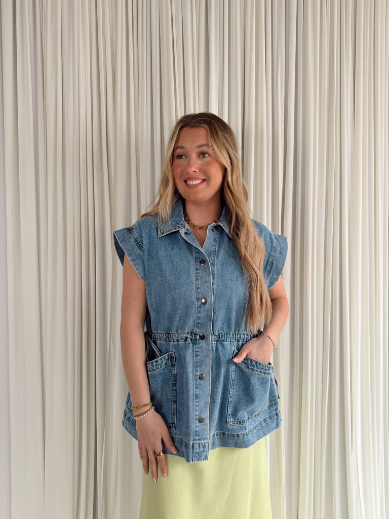 Denim Button-Up Vest with Ties