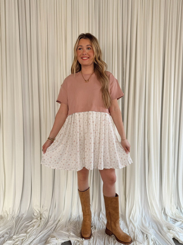 Mixed Knit Floral Mini Dress