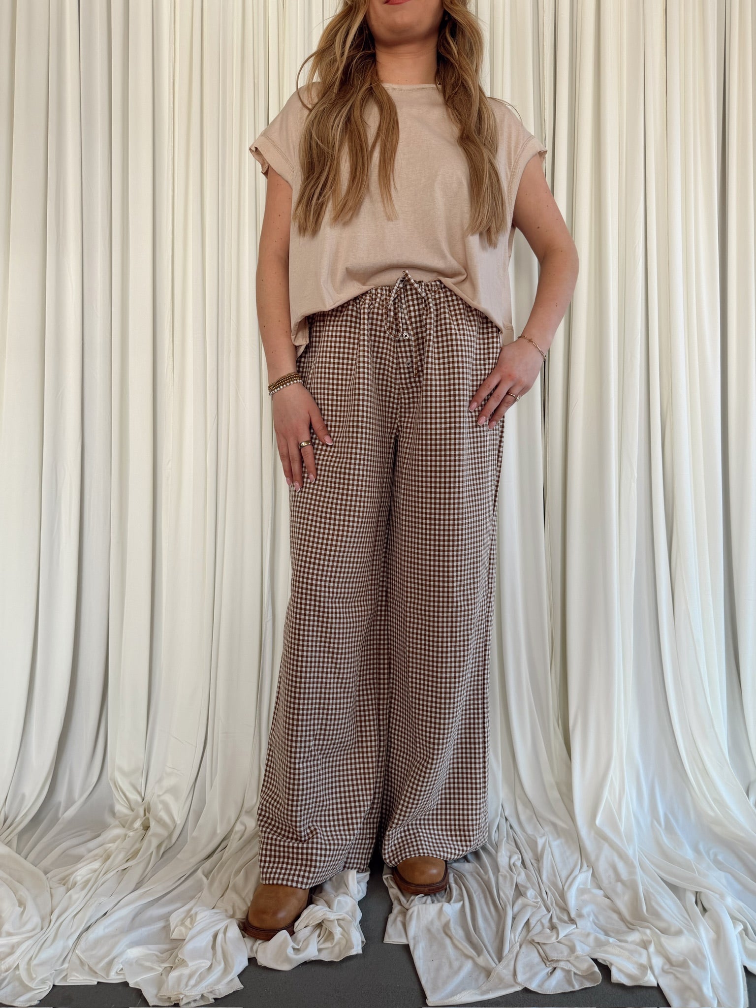 Gingham Drawstring Wide-Leg Pants