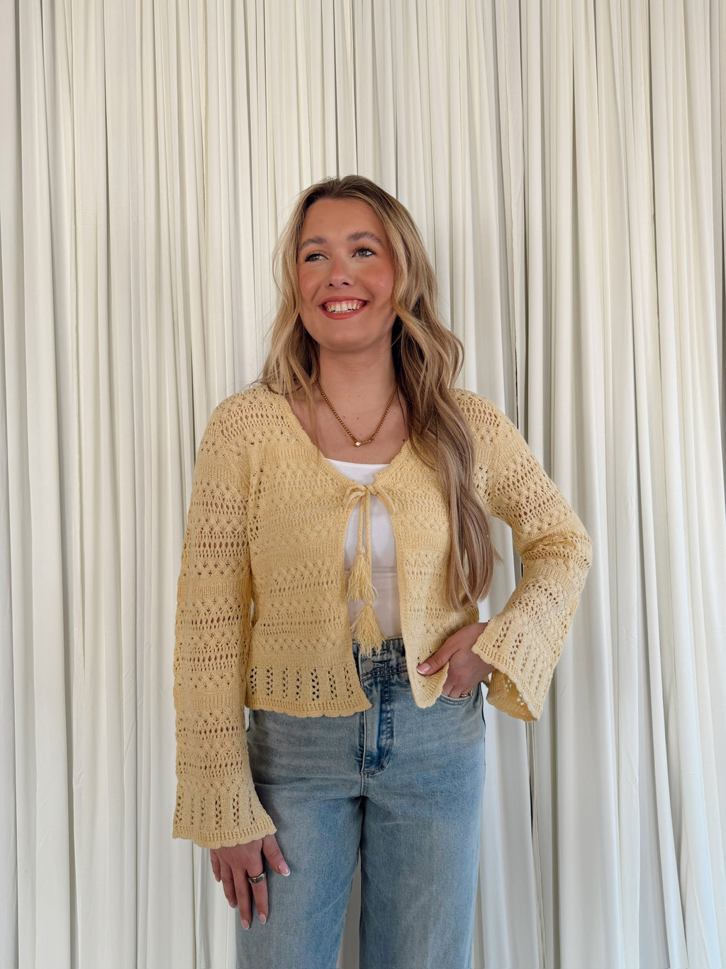 Cropped Long Sleeve Tie Top