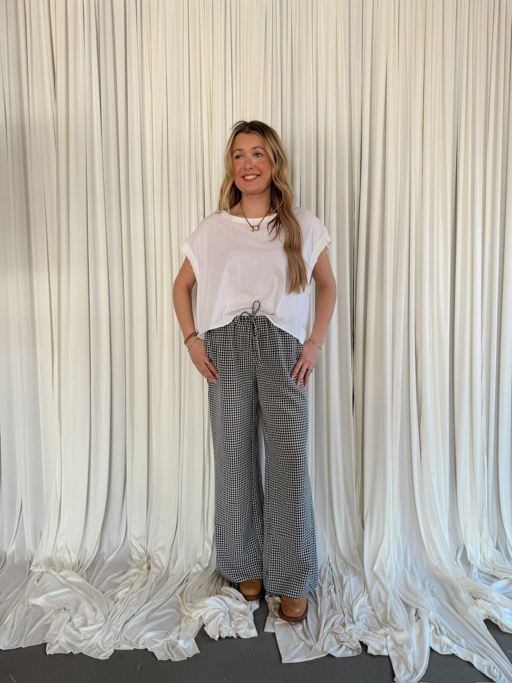 Gingham Drawstring Wide-Leg Pants