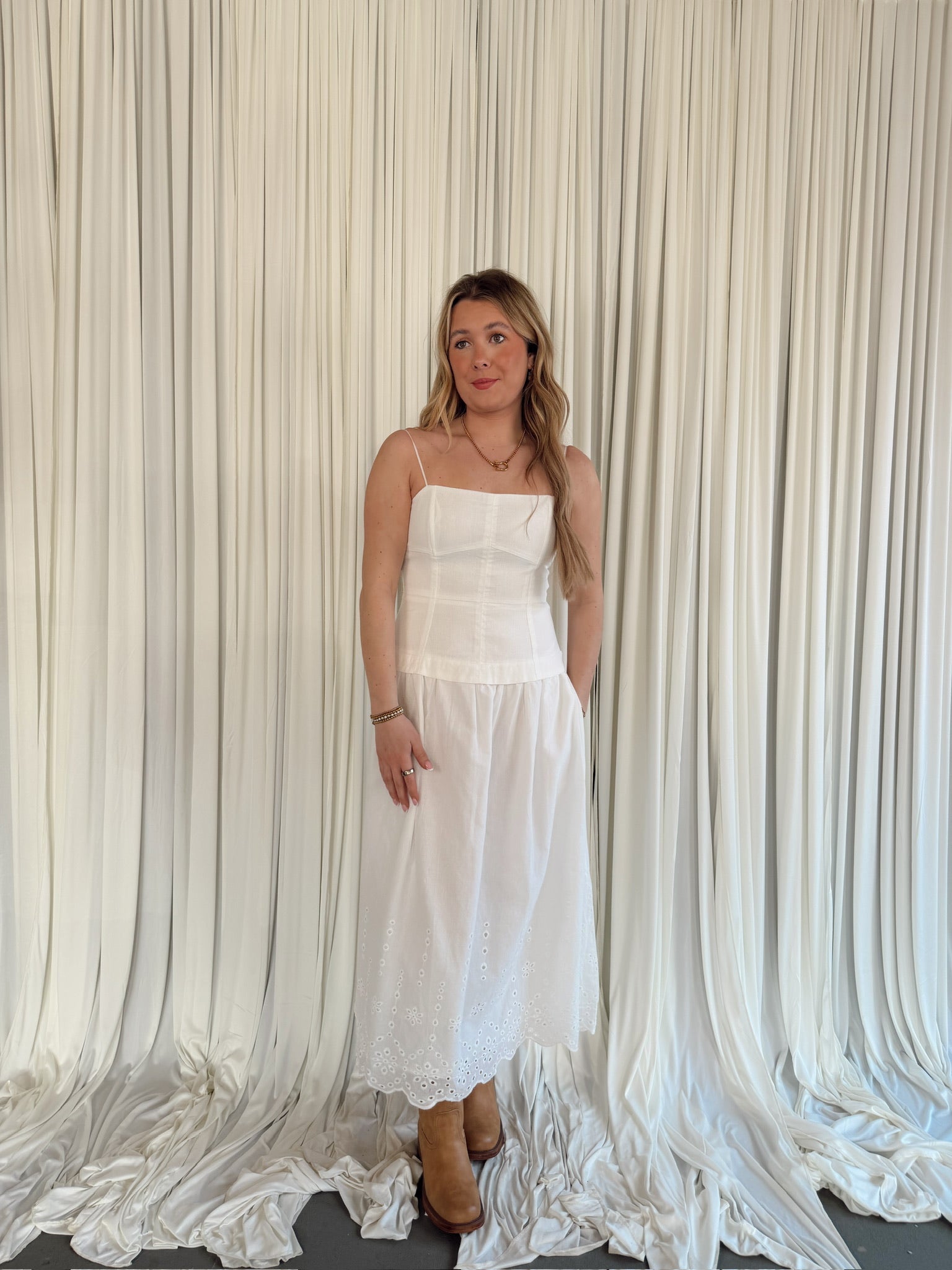 Eyelet Scallop Hem Twofer Dress