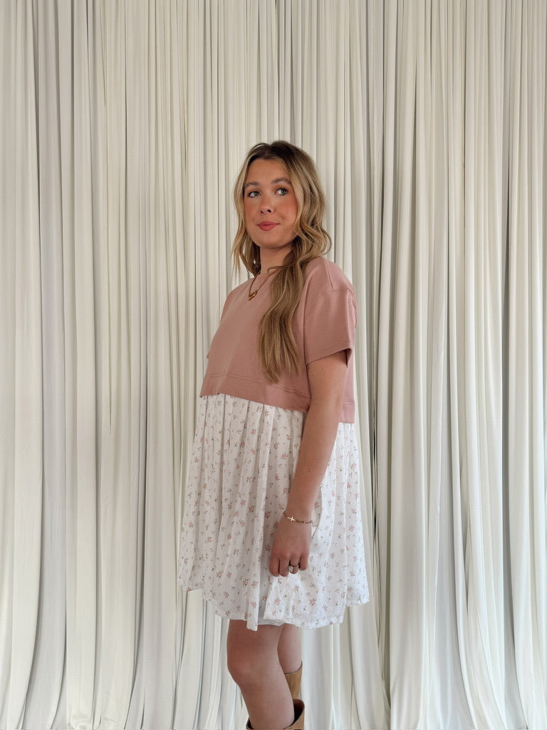 Mixed Knit Floral Mini Dress