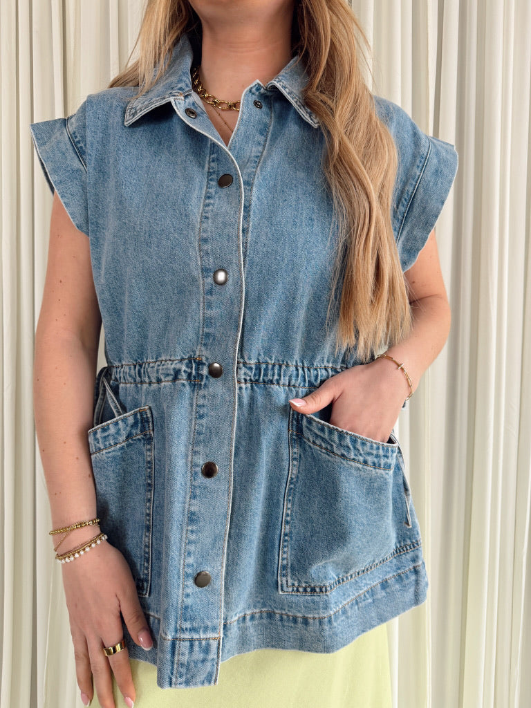 Denim Button-Up Vest with Ties
