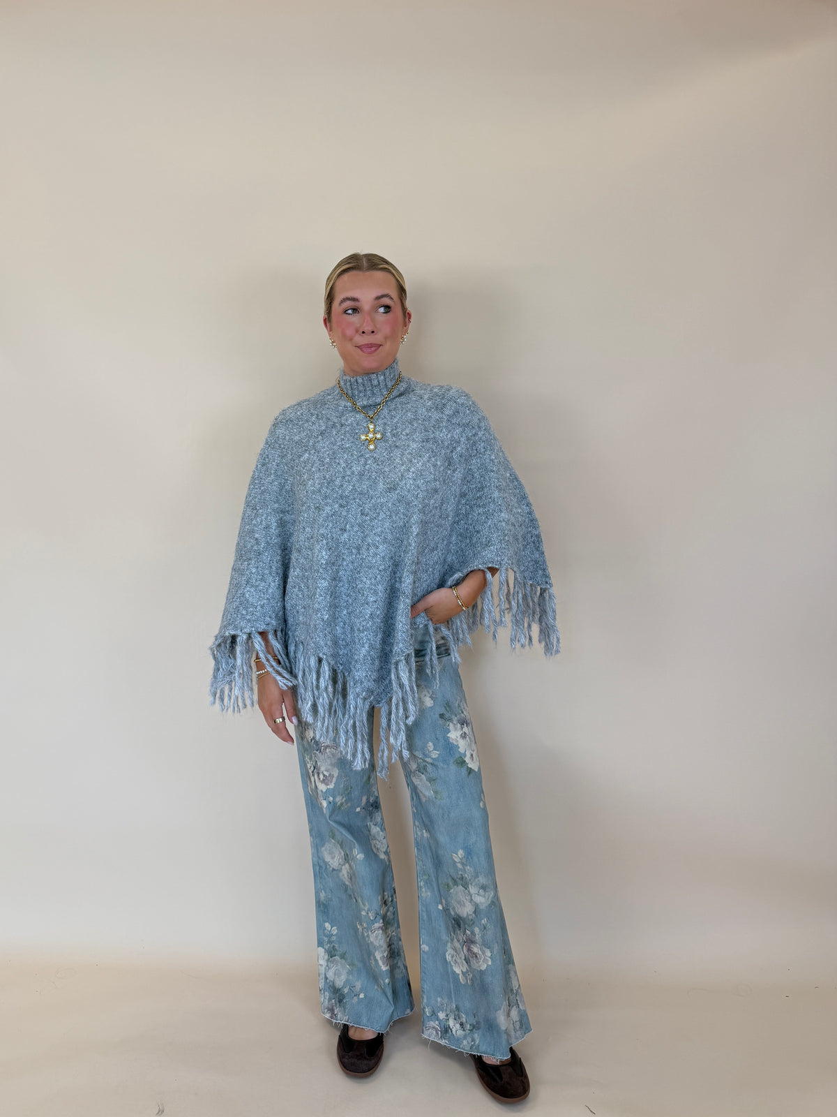Fringe Turtleneck Sweater Poncho