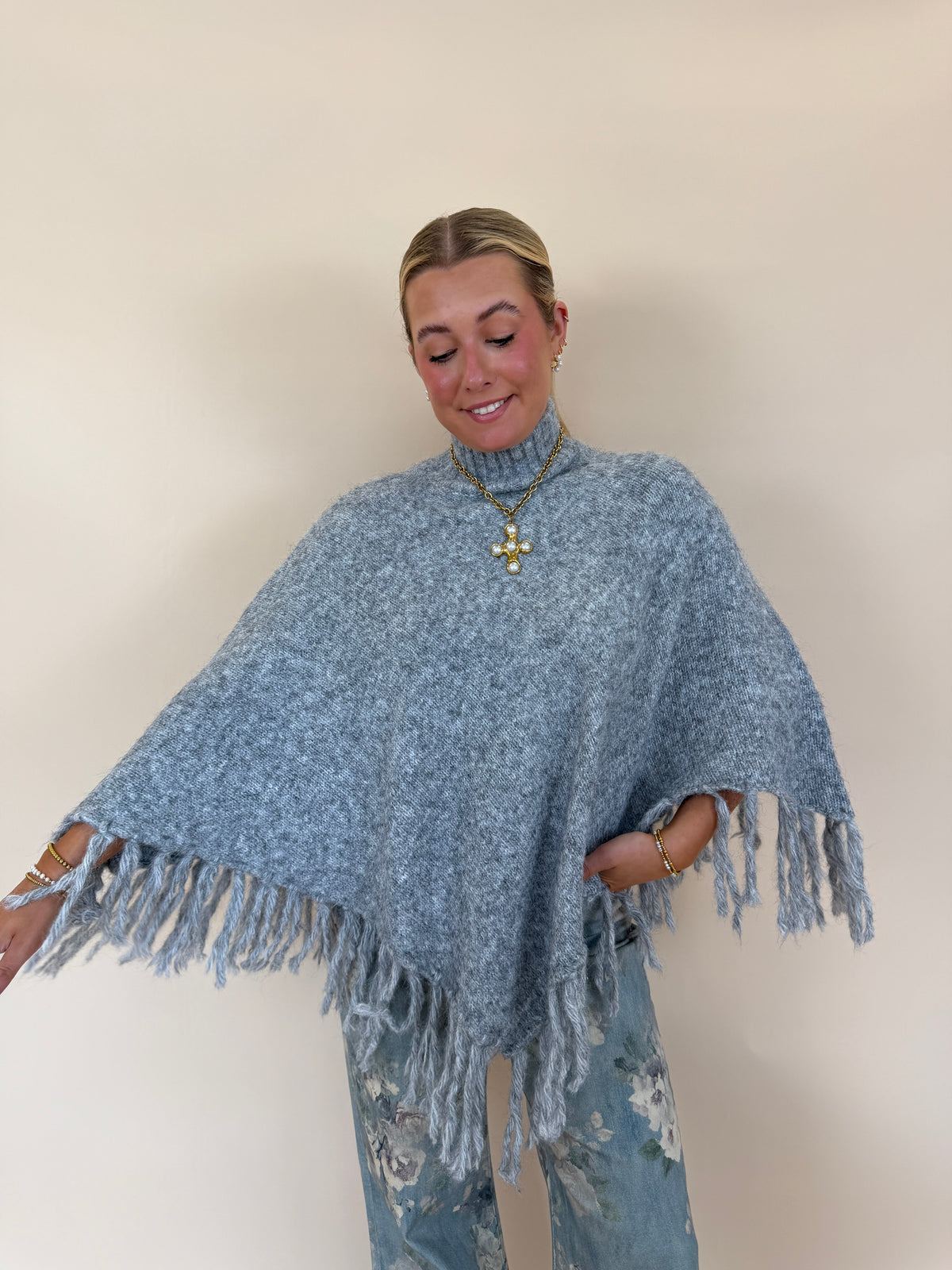 Fringe Turtleneck Sweater Poncho
