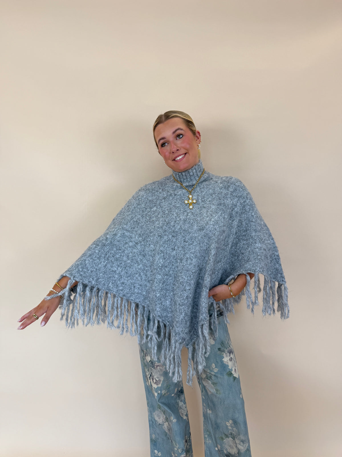 Fringe Turtleneck Sweater Poncho