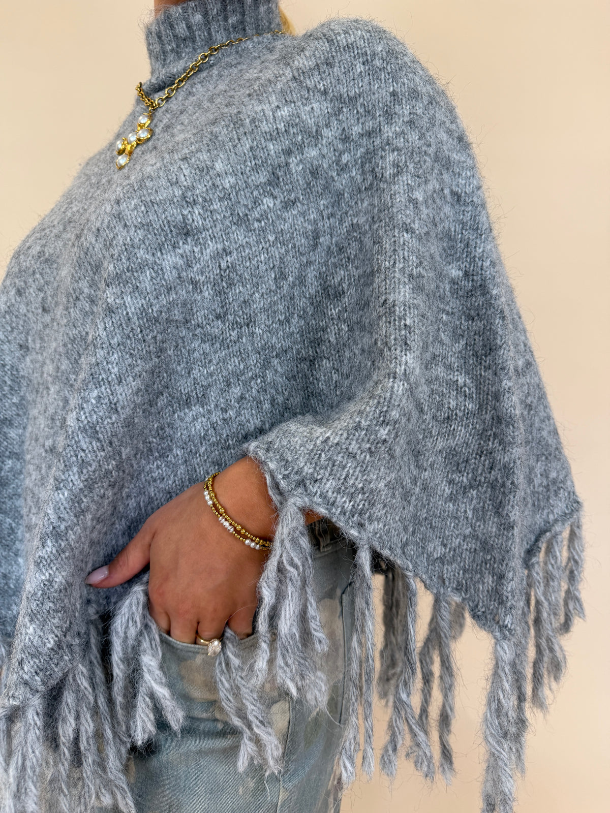 Fringe Turtleneck Sweater Poncho