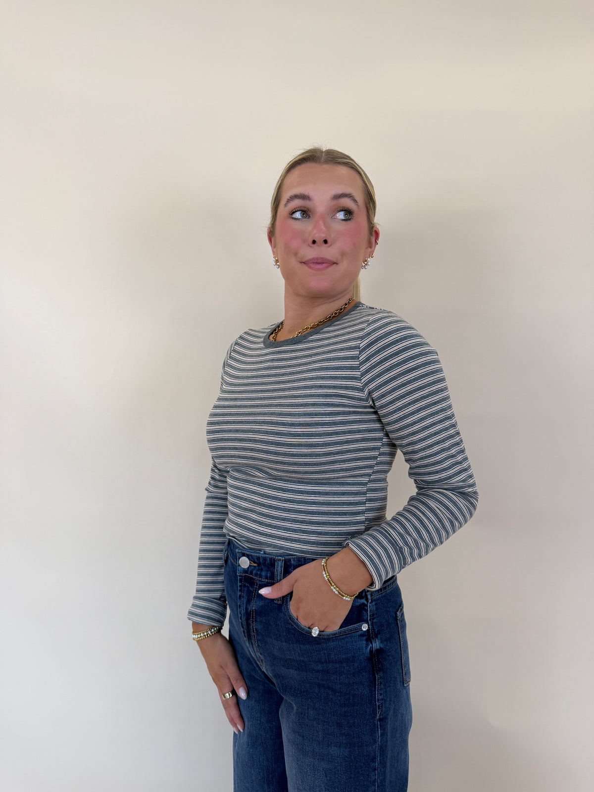 Striped Crew Neck Long Sleeve Knit Top