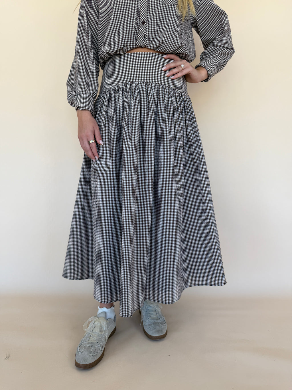 Gingham Midi Drop Waist Skirt