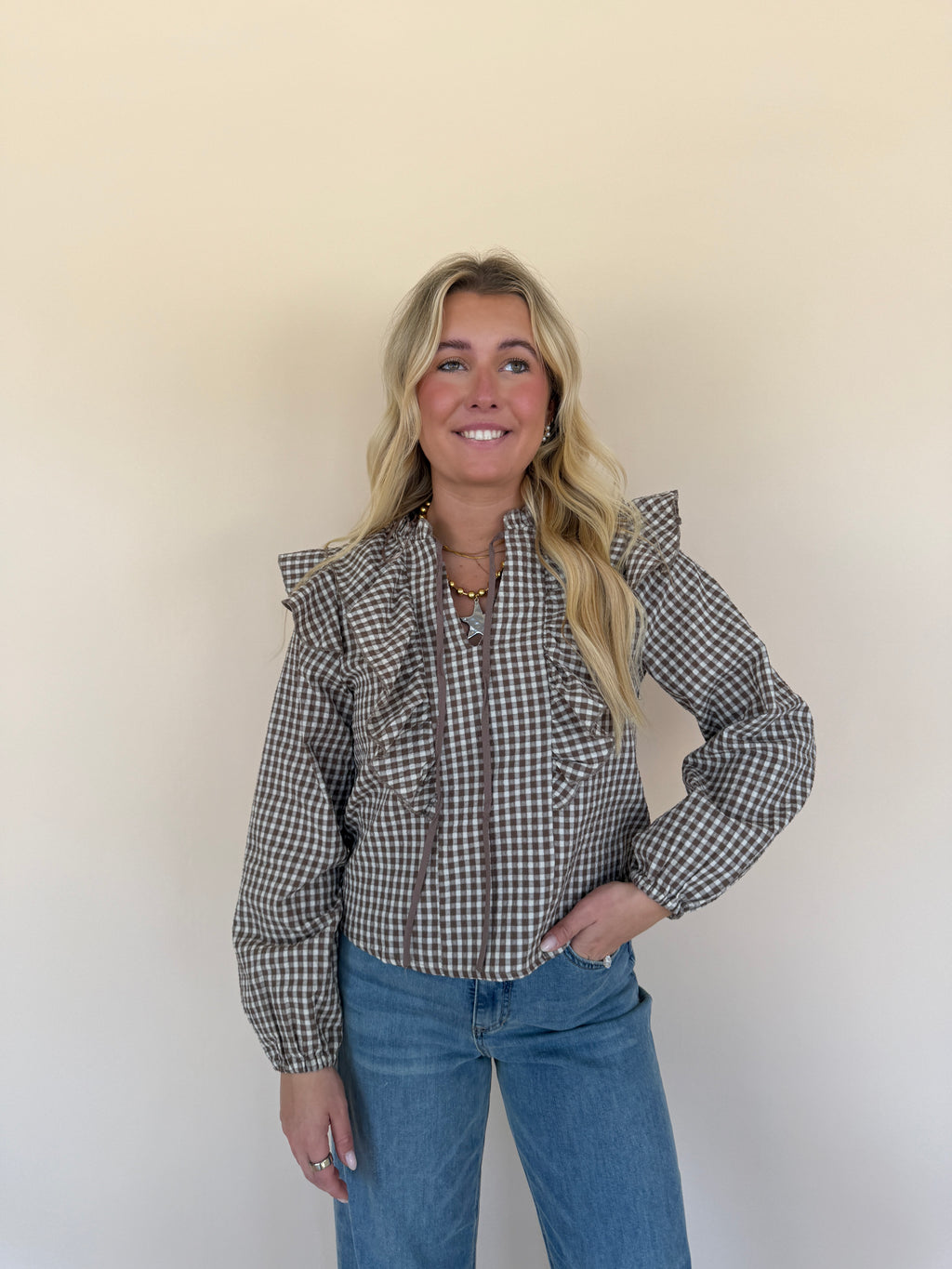 Gingham Print Ruffled Blouse