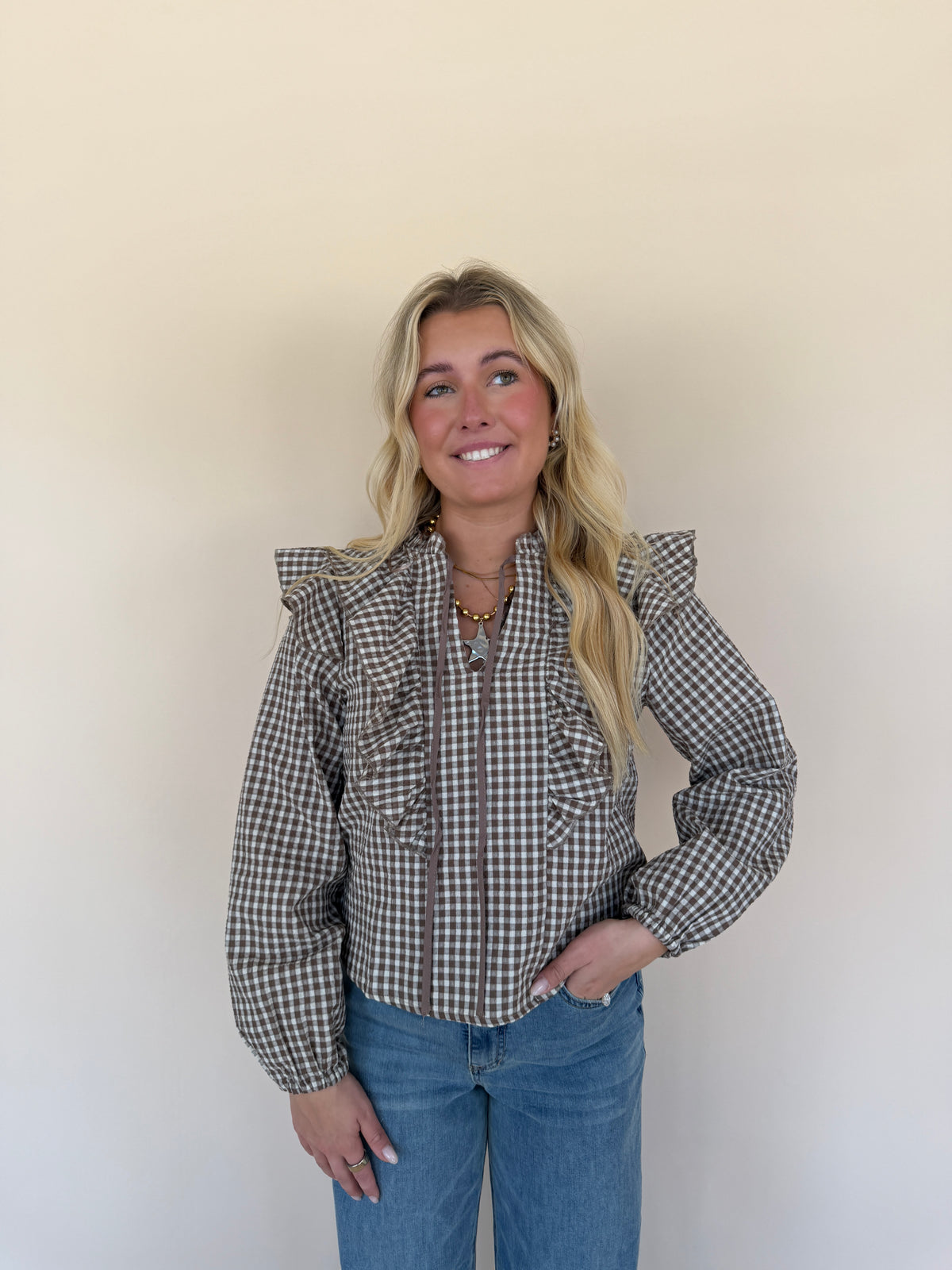 Gingham Print Ruffled Blouse