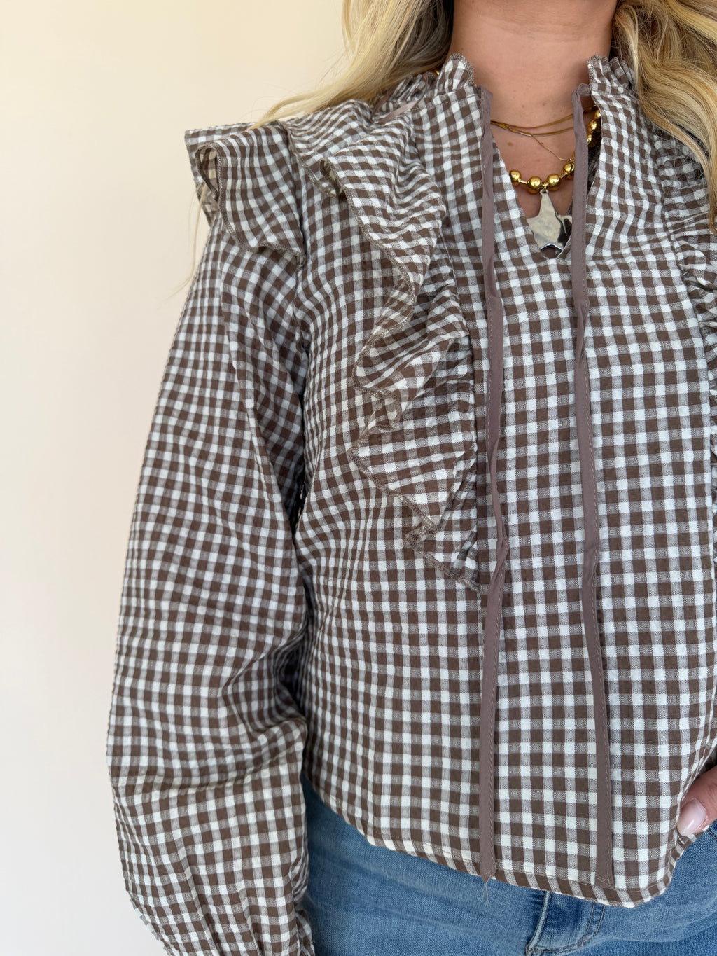 Gingham Print Ruffled Blouse