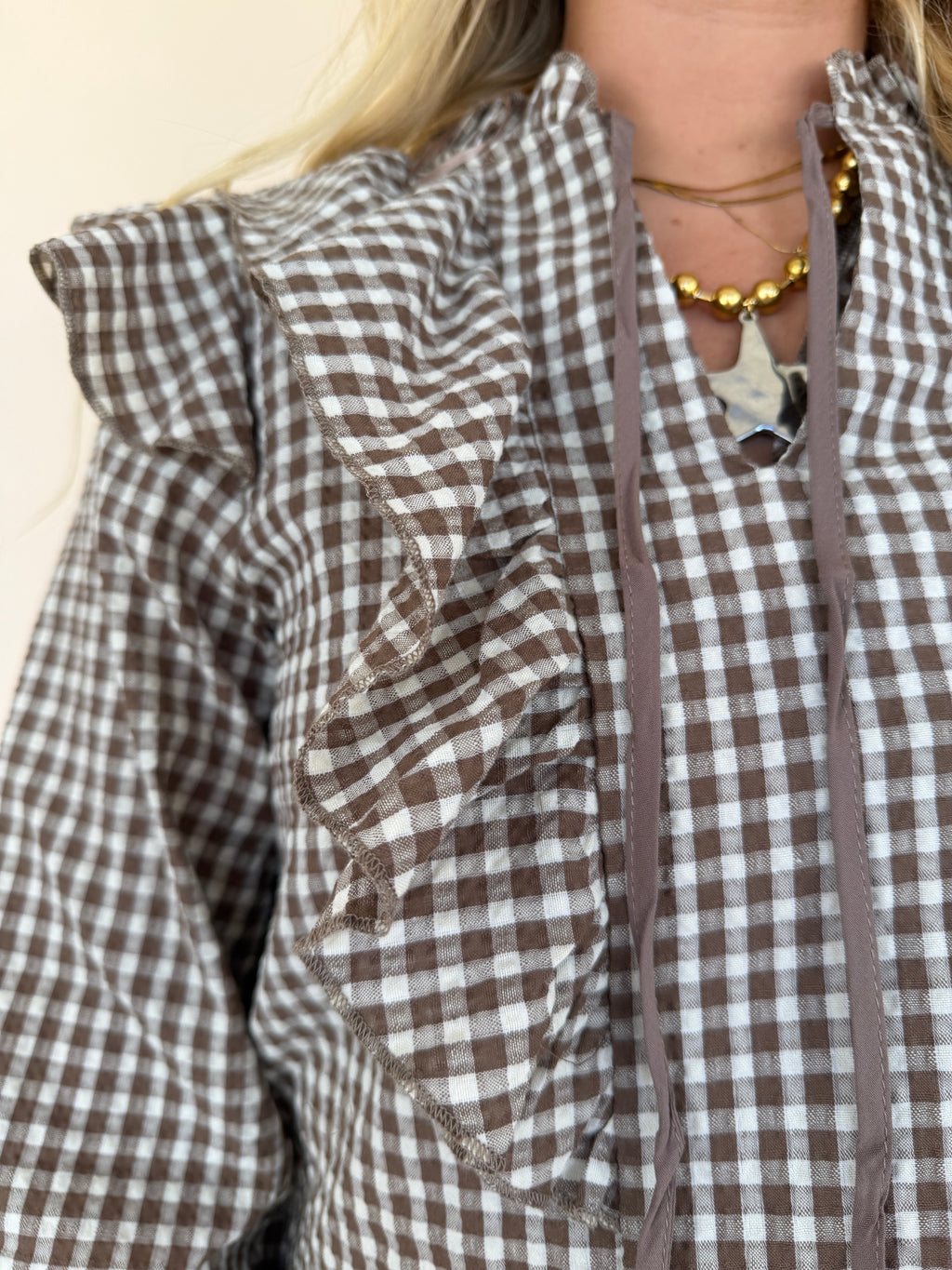 Gingham Print Ruffled Blouse