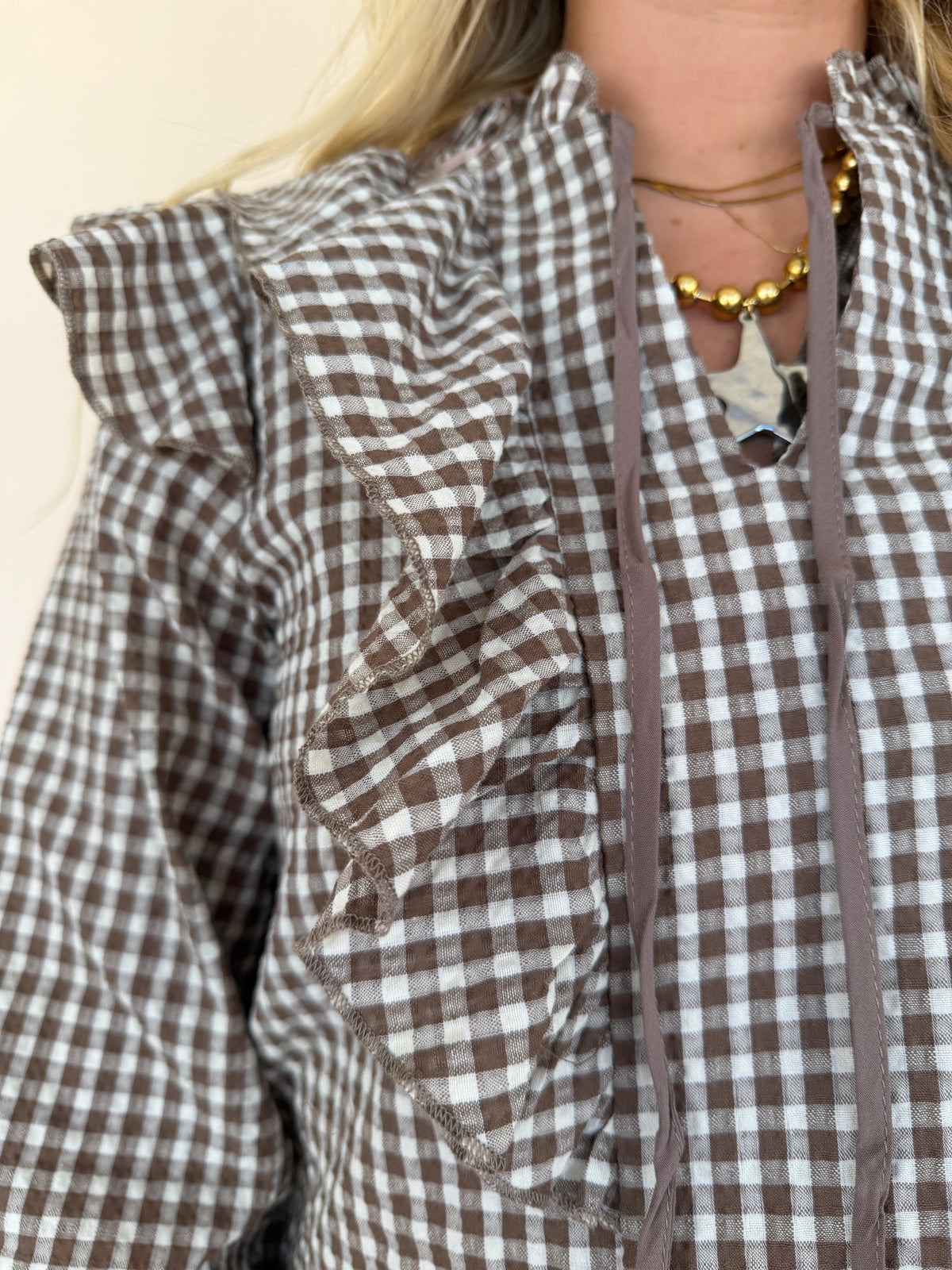 Gingham Print Ruffled Blouse