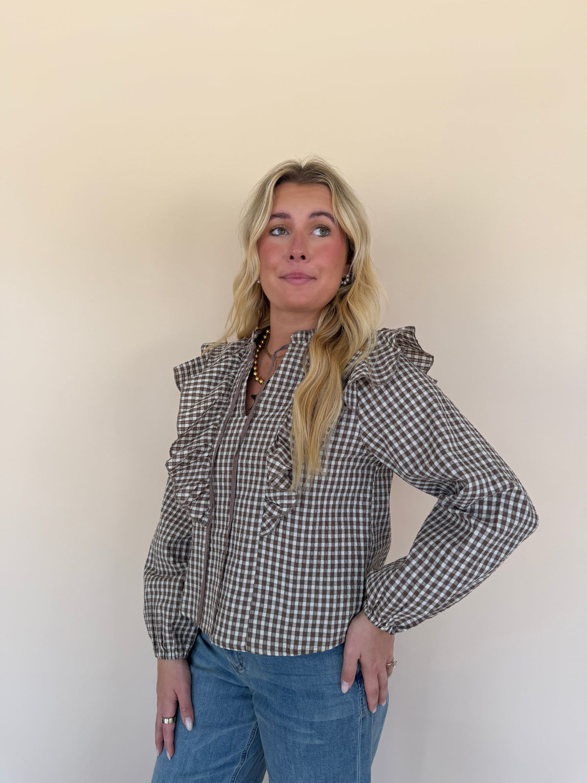 Gingham Print Ruffled Blouse