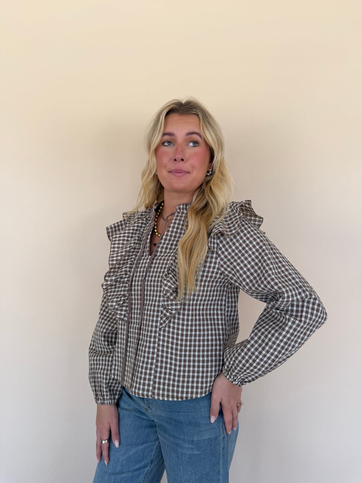 Gingham Print Ruffled Blouse