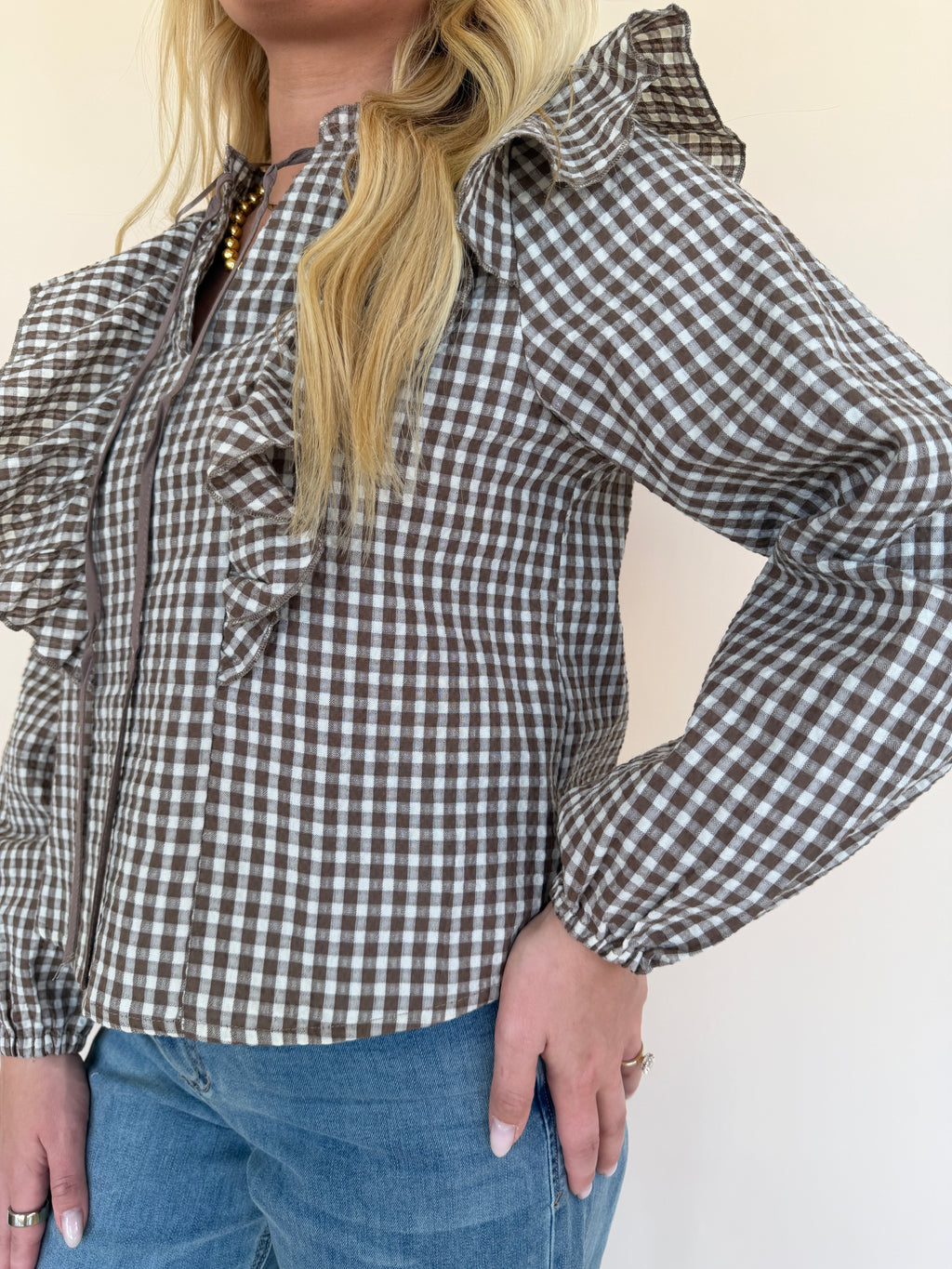 Gingham Print Ruffled Blouse