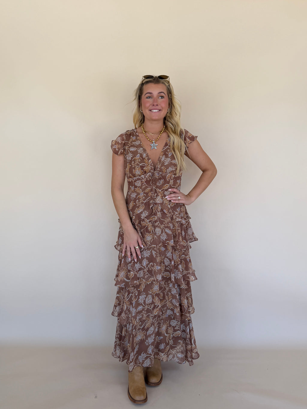 Brown Floral Ruffled Dress