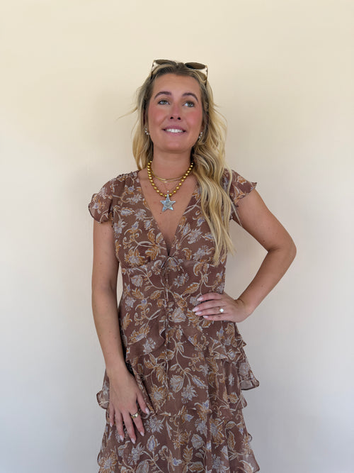 Brown Floral Ruffled Dress