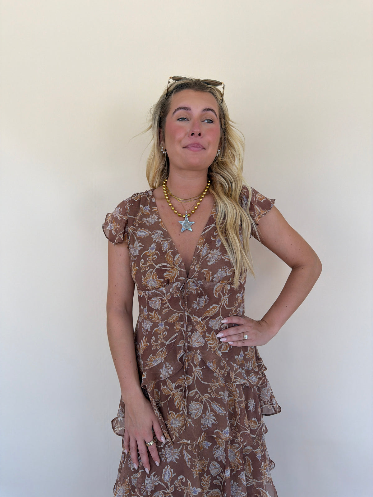 Brown Floral Ruffled Dress