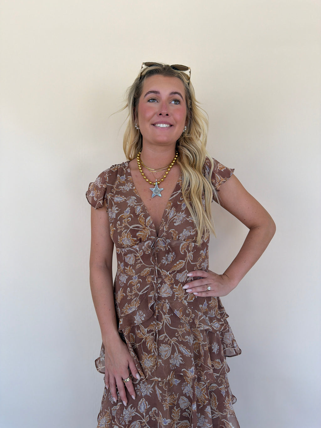 Brown Floral Ruffled Dress