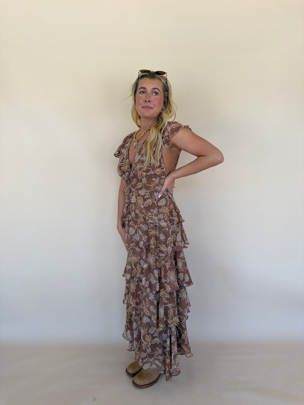 Brown Floral Ruffled Dress