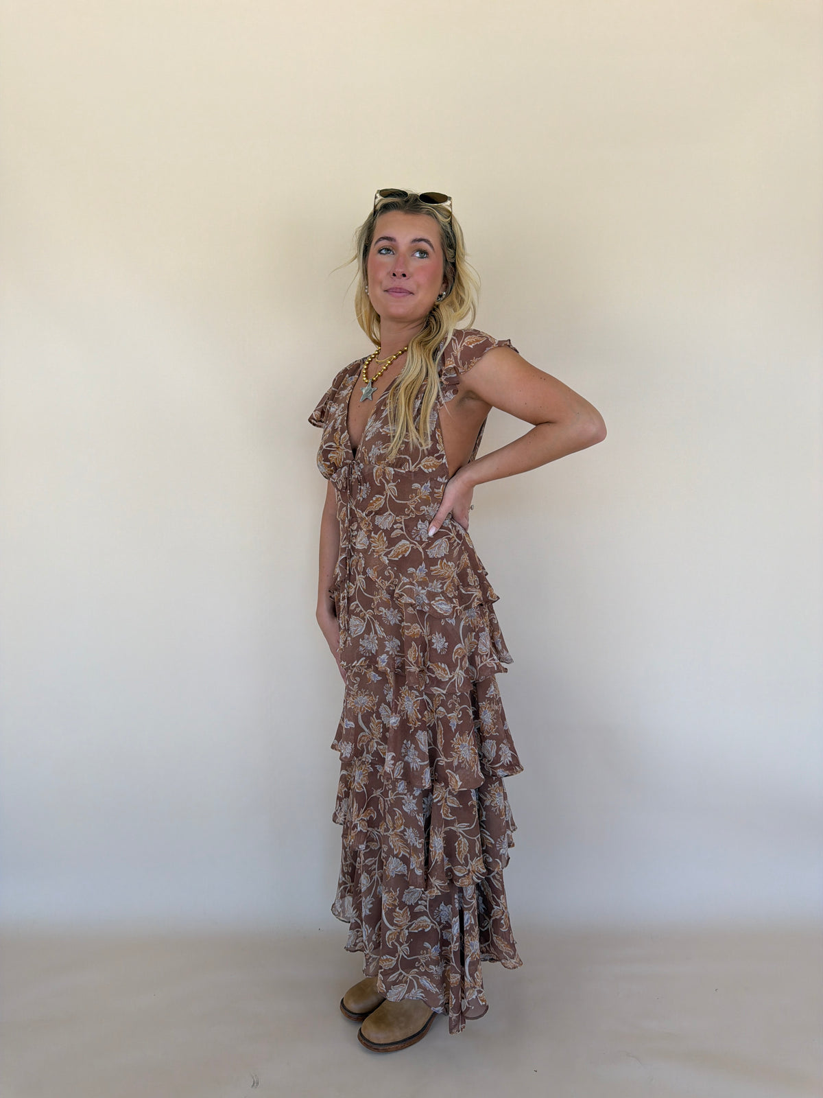 Brown Floral Ruffled Dress
