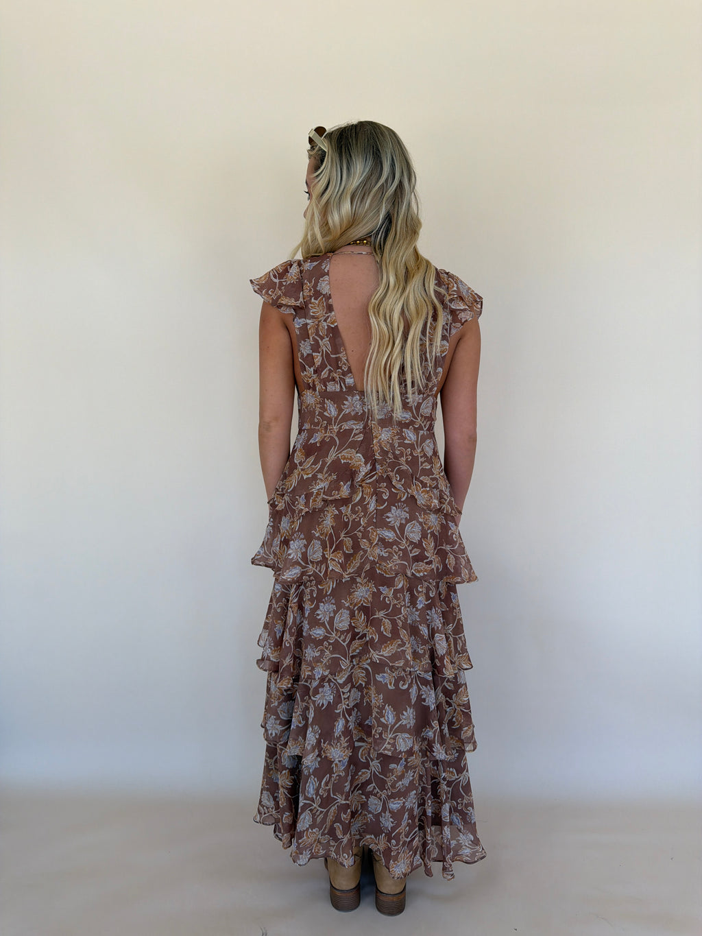 Brown Floral Ruffled Dress