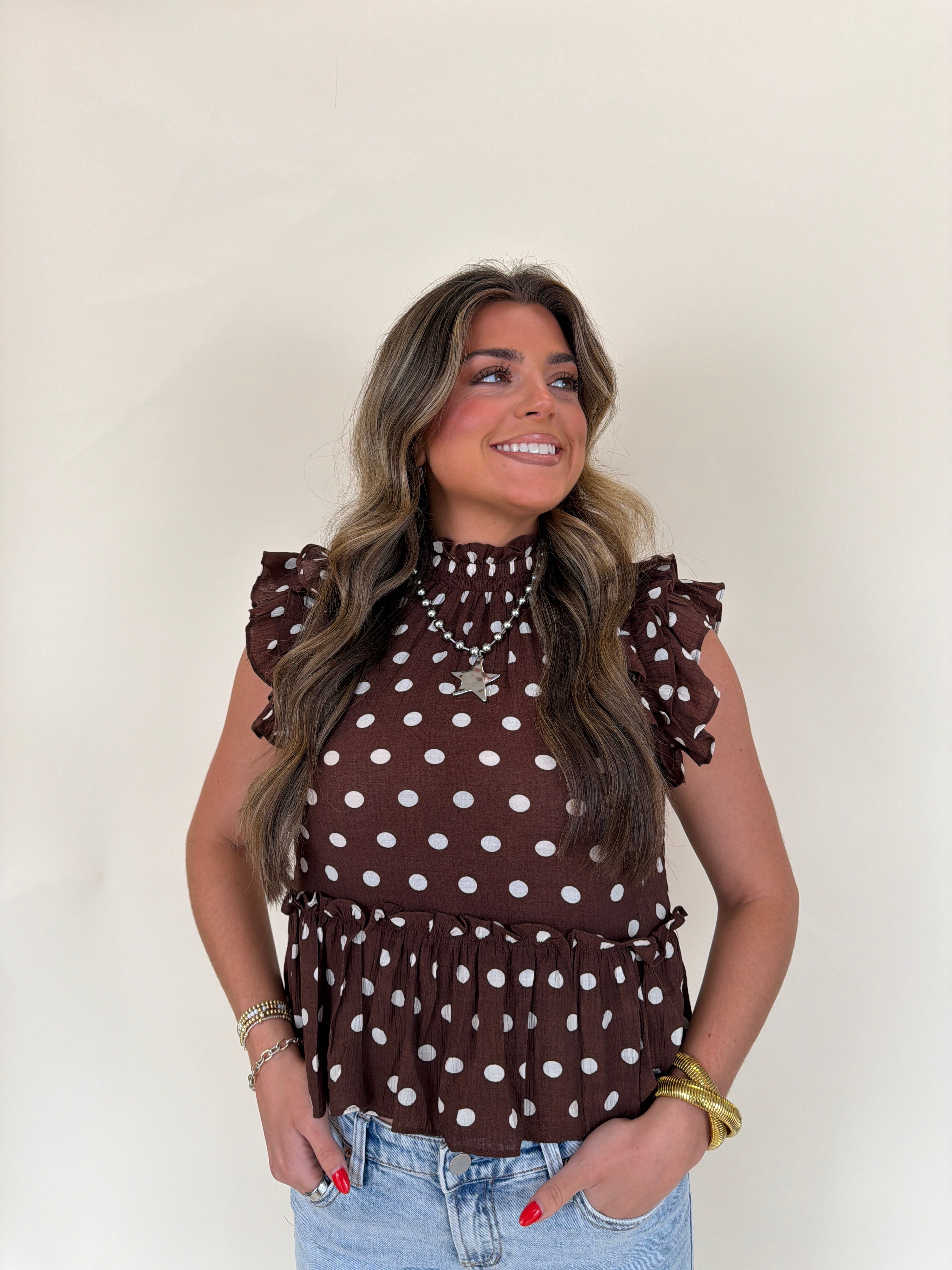 Ruffle Sleeve Polka Dot Peplum Blouse