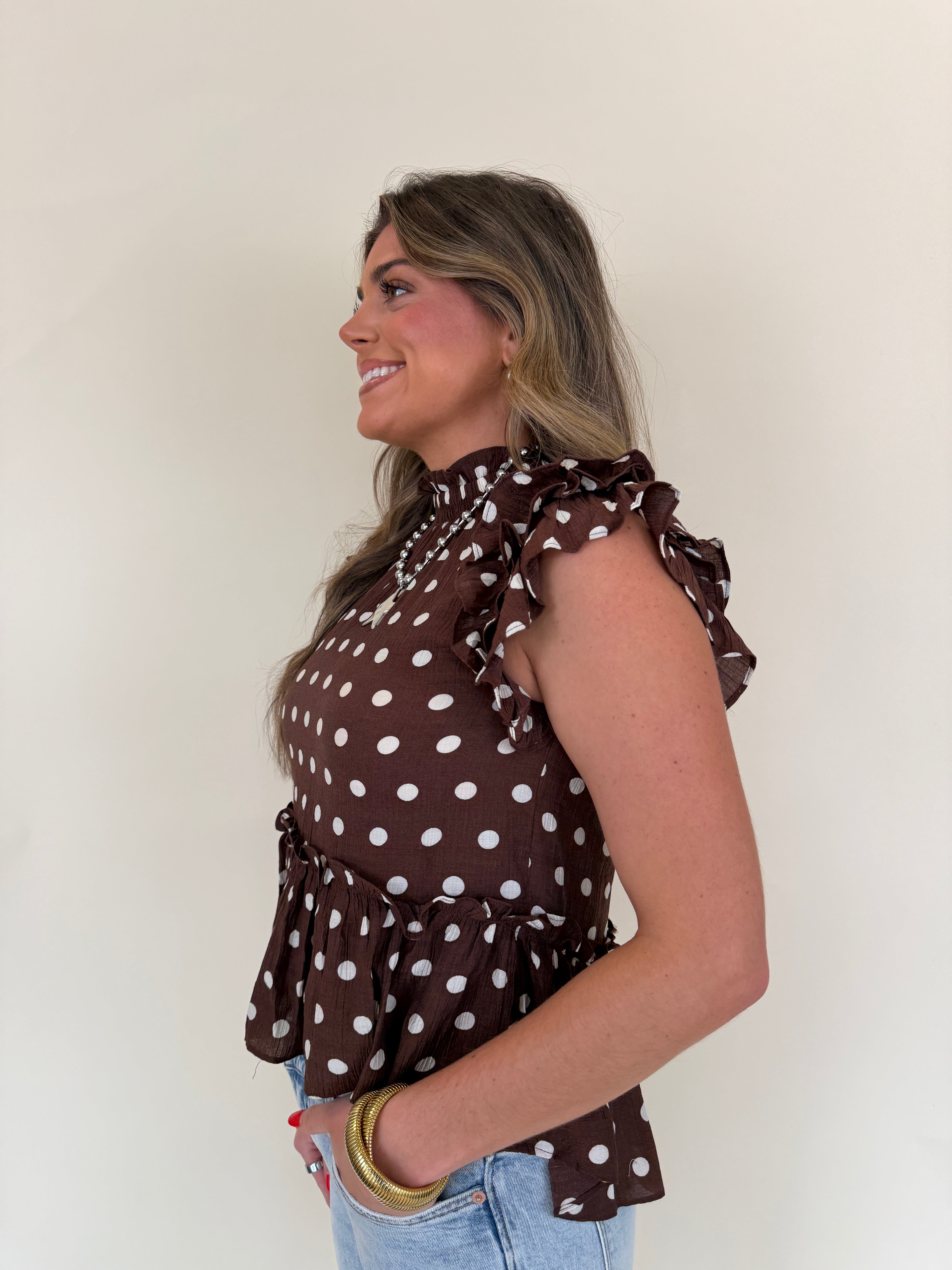 Ruffle Sleeve Polka Dot Peplum Blouse