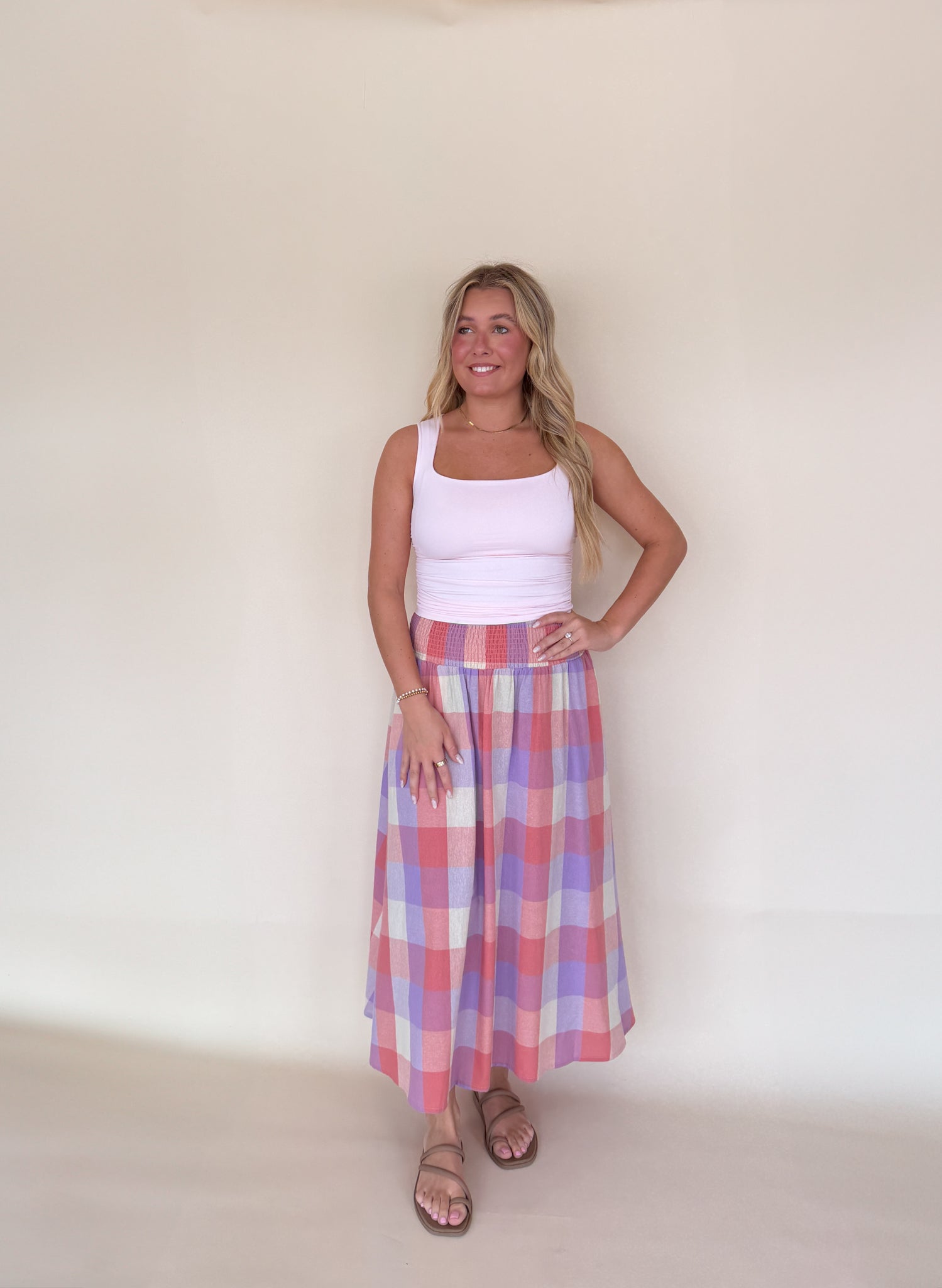 Smocked Waist Plaid Midi Skirt