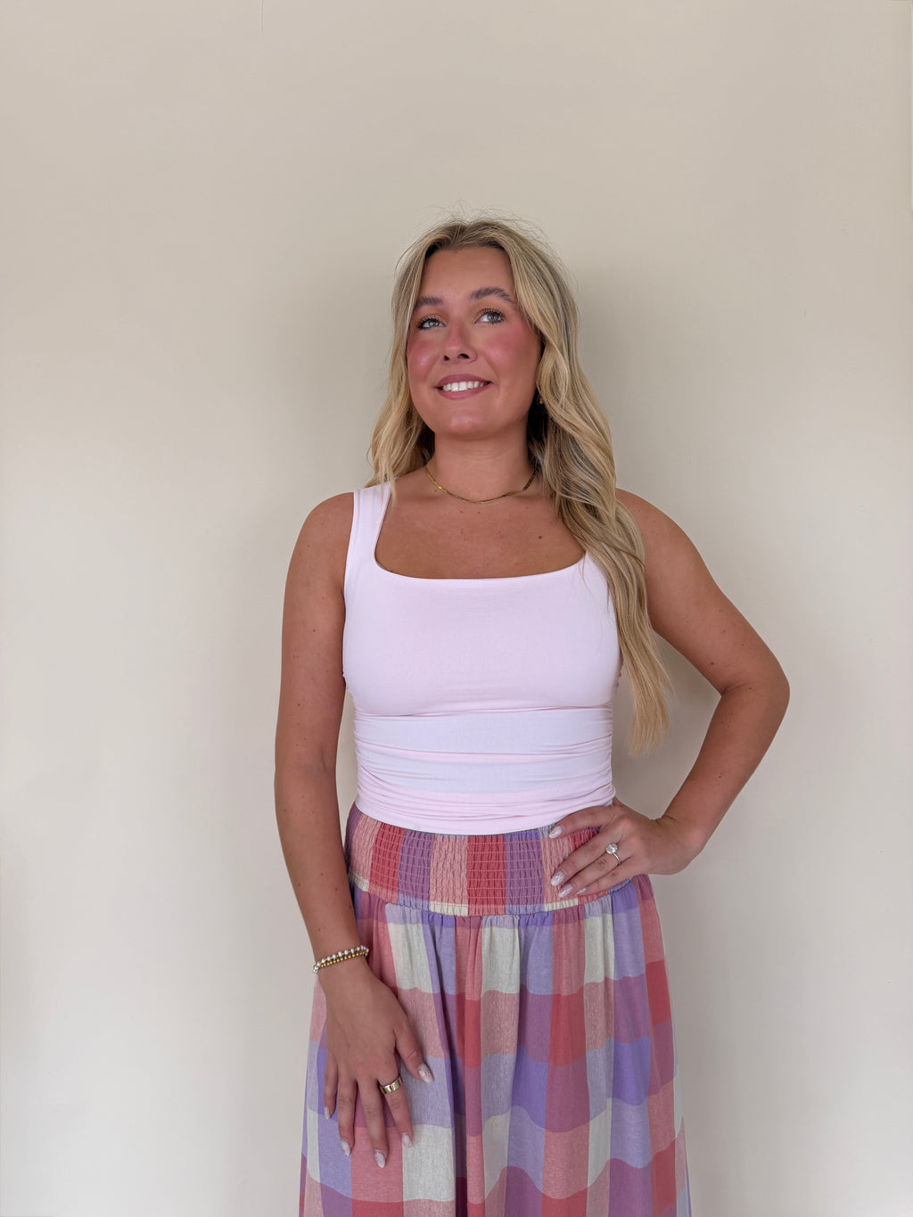 Smocked Waist Plaid Midi Skirt