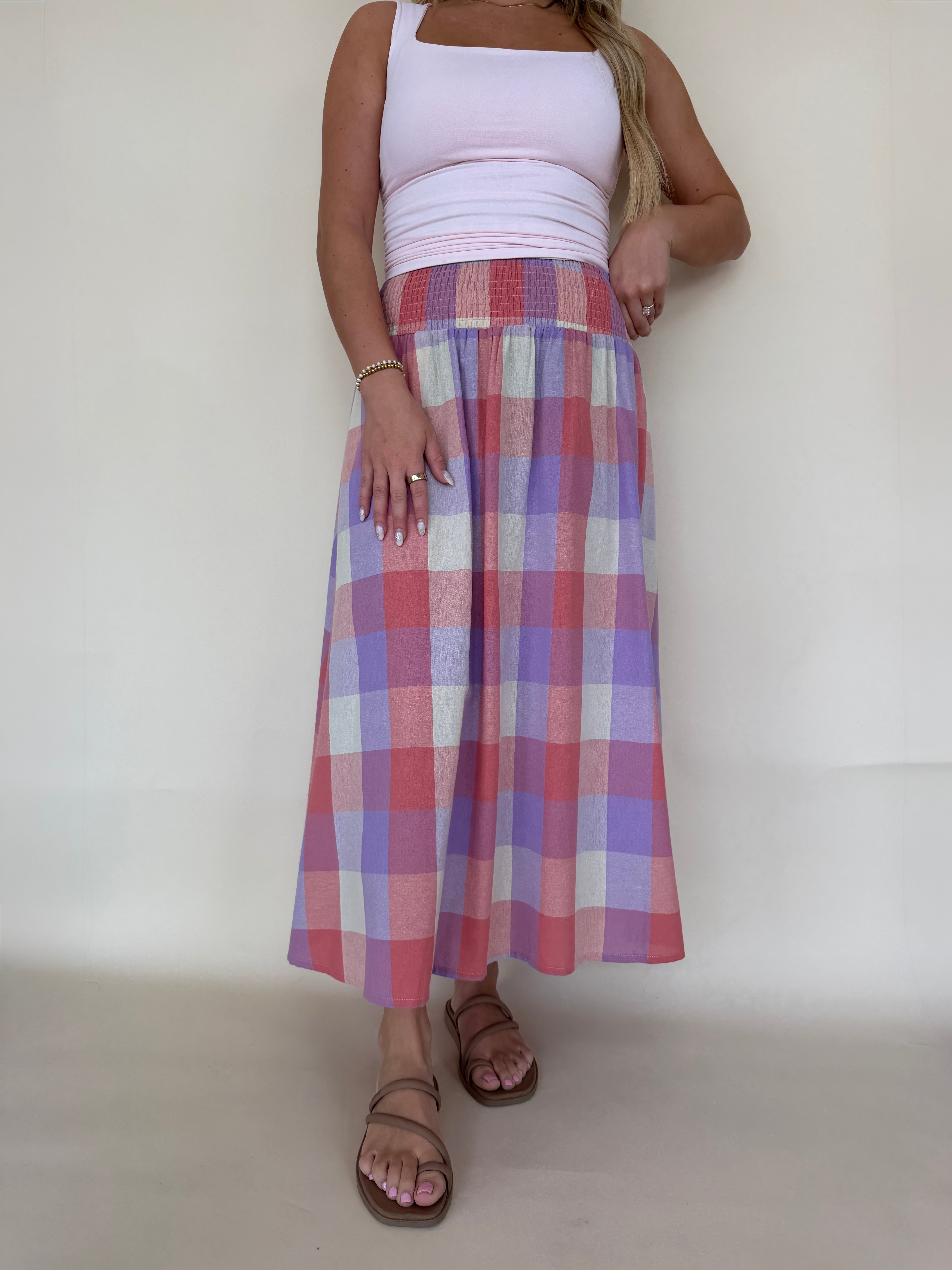 Smocked Waist Plaid Midi Skirt