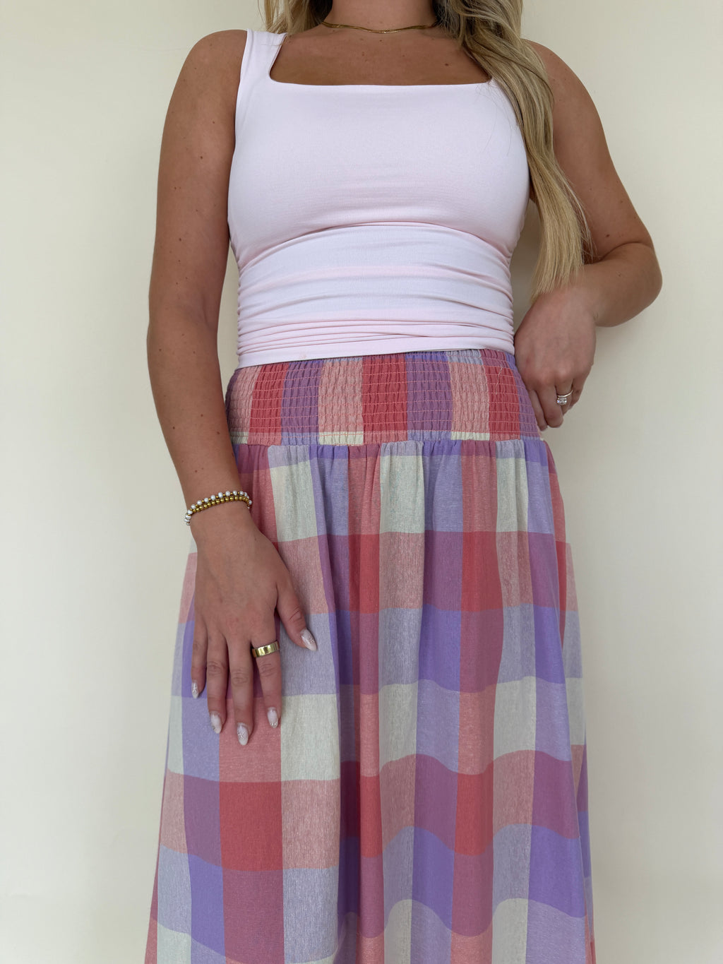 Smocked Waist Plaid Midi Skirt