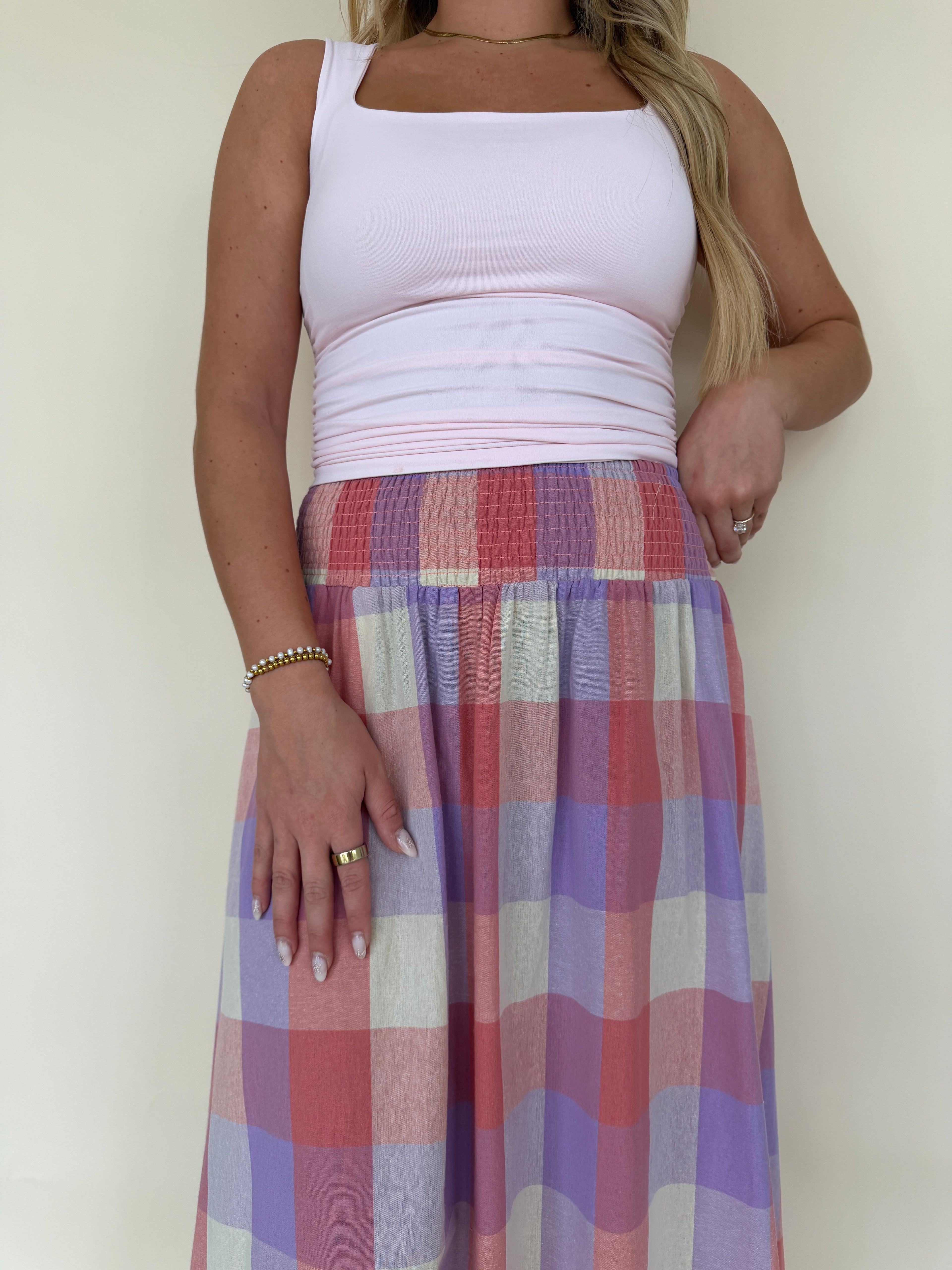 Smocked Waist Plaid Midi Skirt