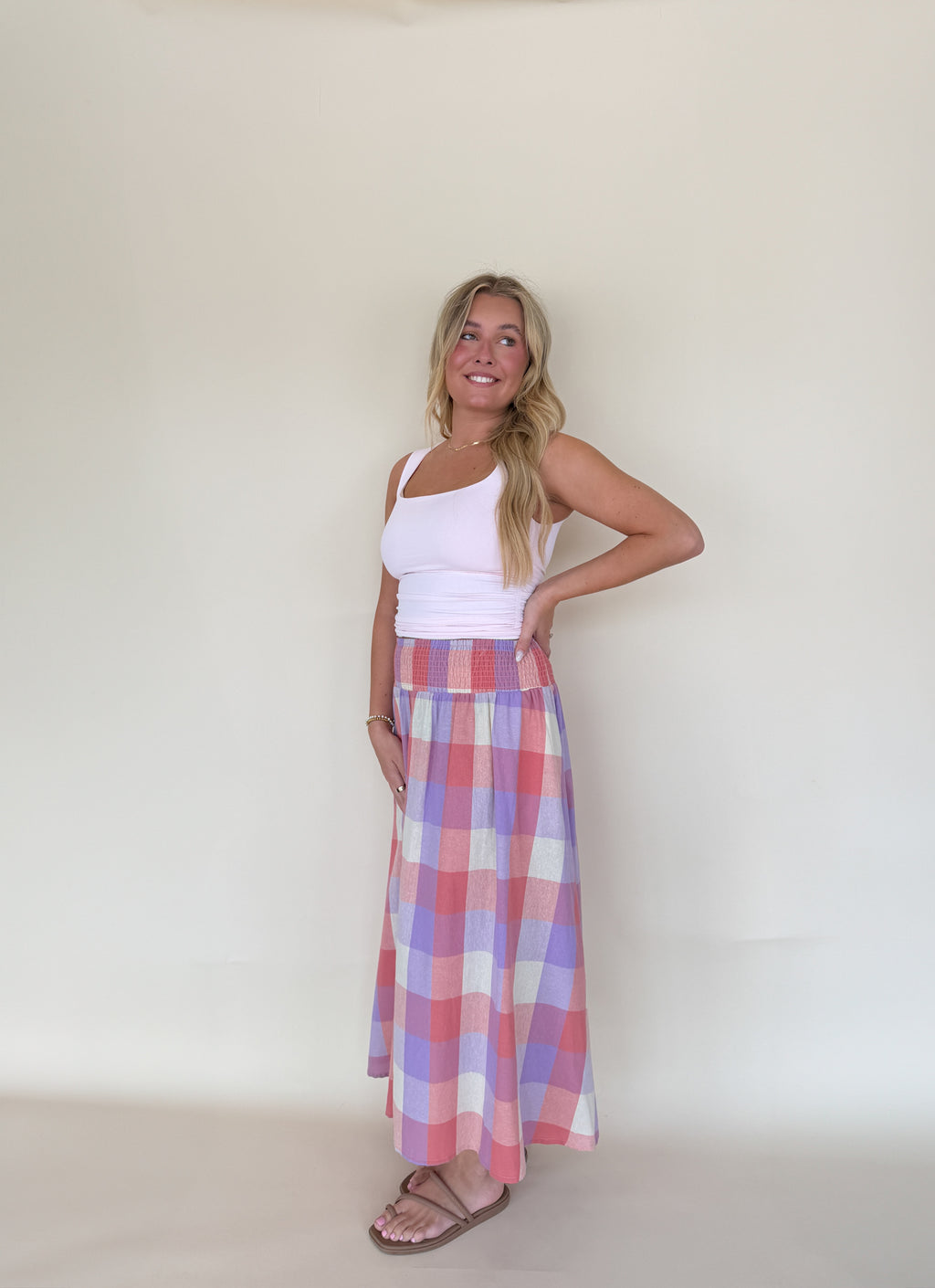 Smocked Waist Plaid Midi Skirt