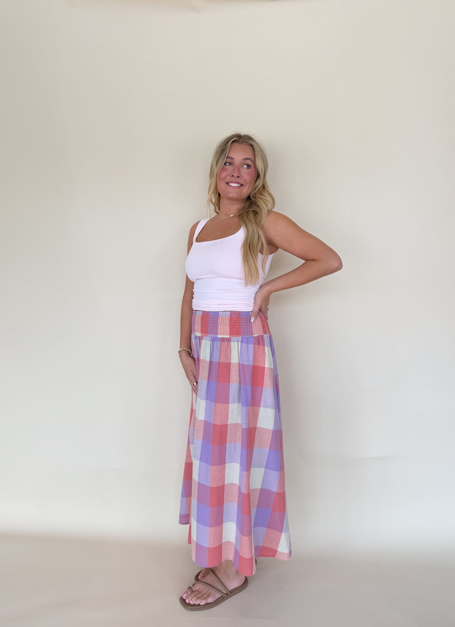 Smocked Waist Plaid Midi Skirt
