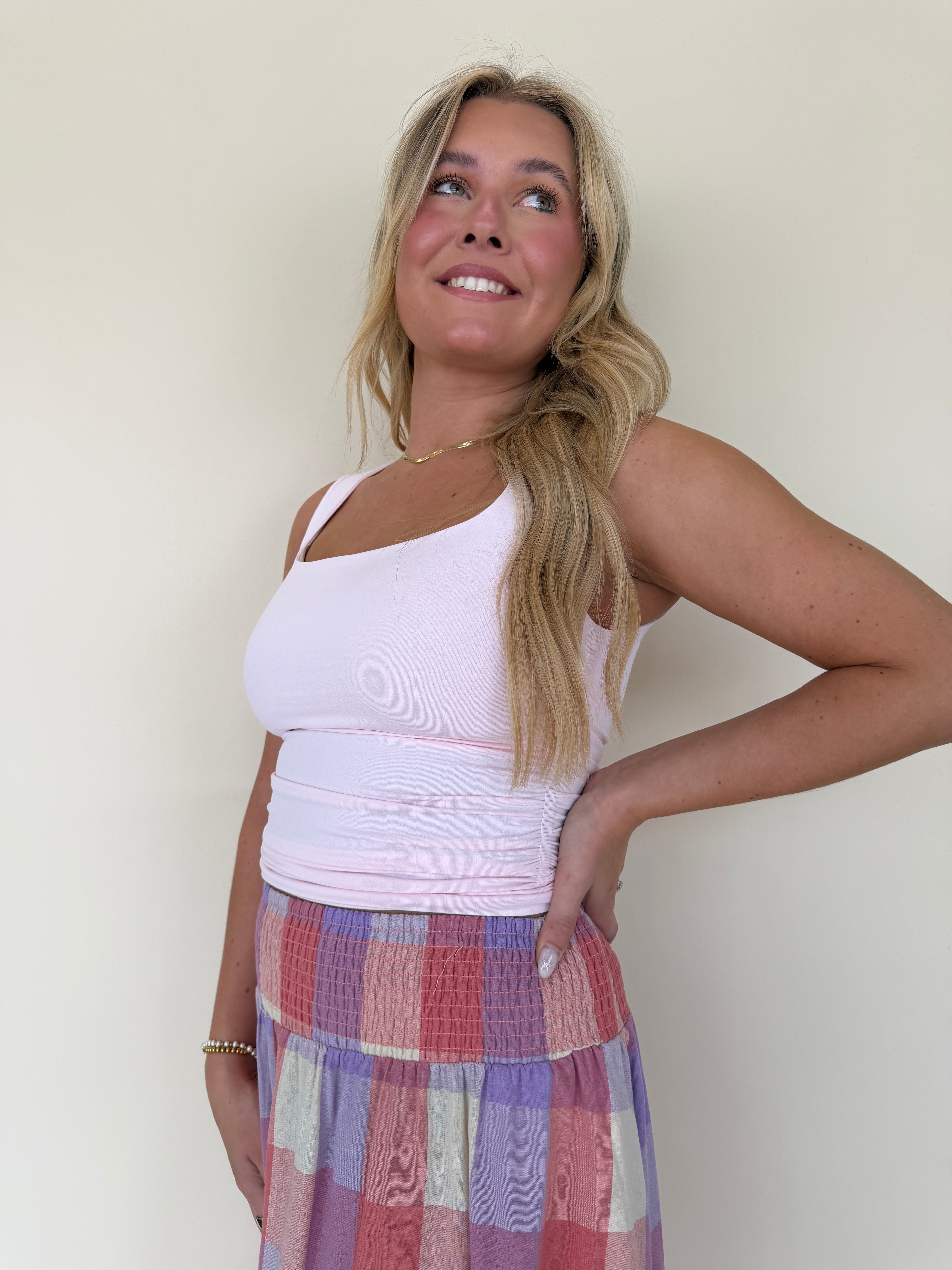 Smocked Waist Plaid Midi Skirt
