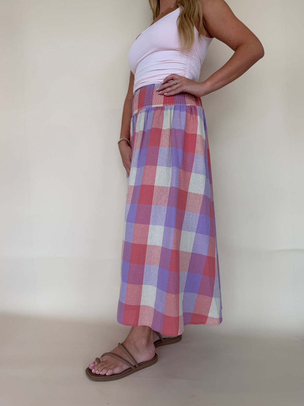 Smocked Waist Plaid Midi Skirt