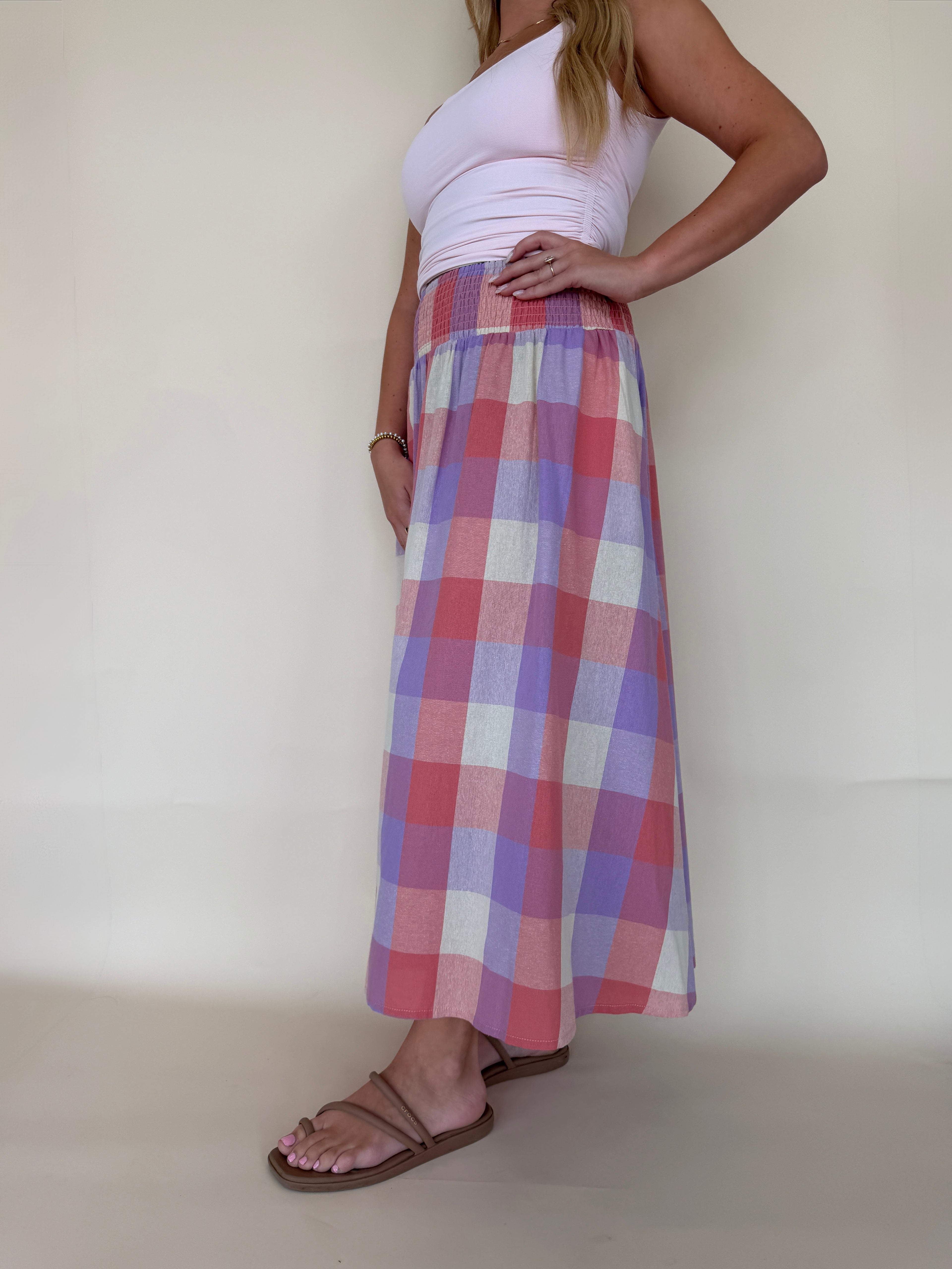 Smocked Waist Plaid Midi Skirt