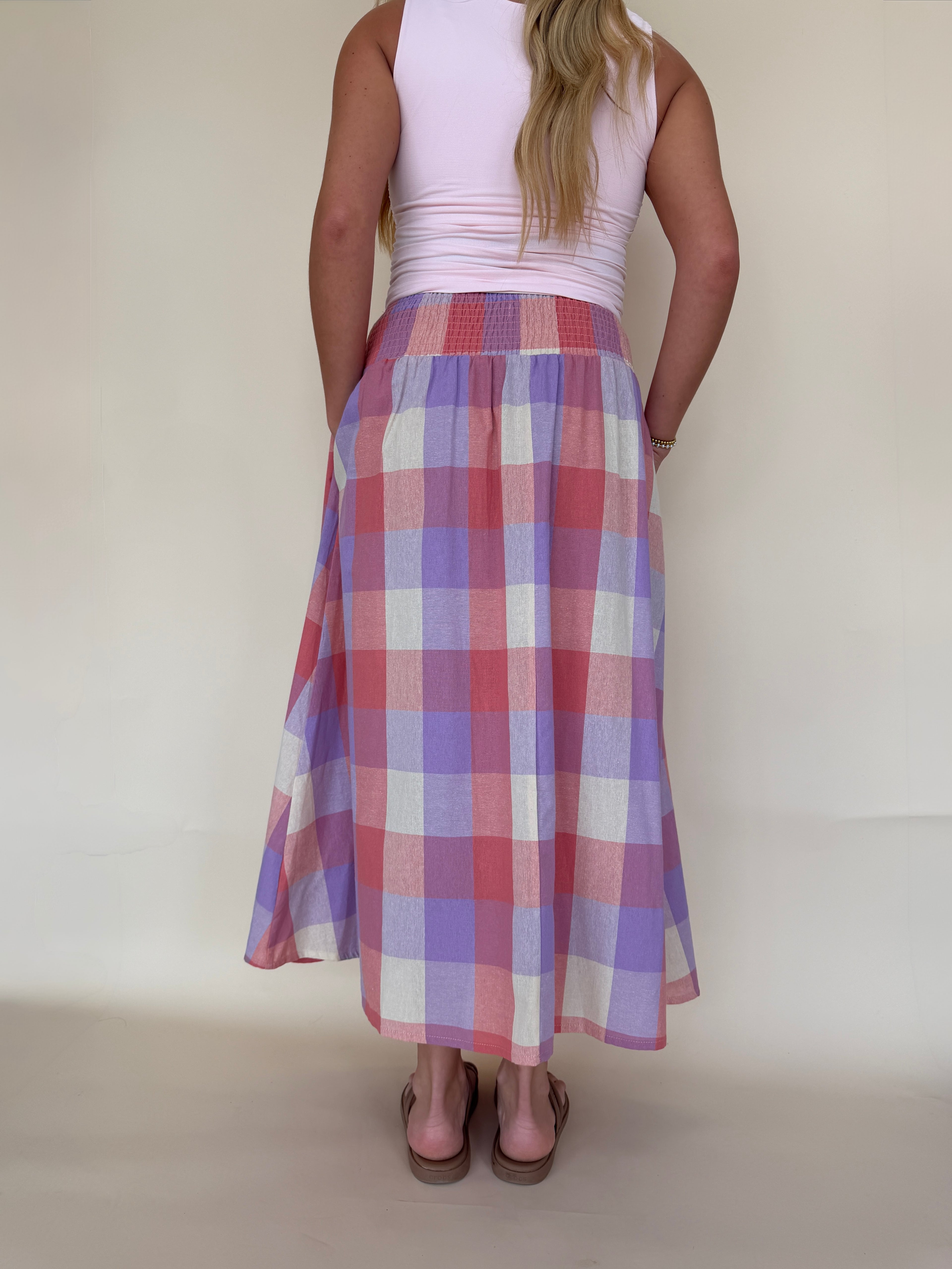 Smocked Waist Plaid Midi Skirt
