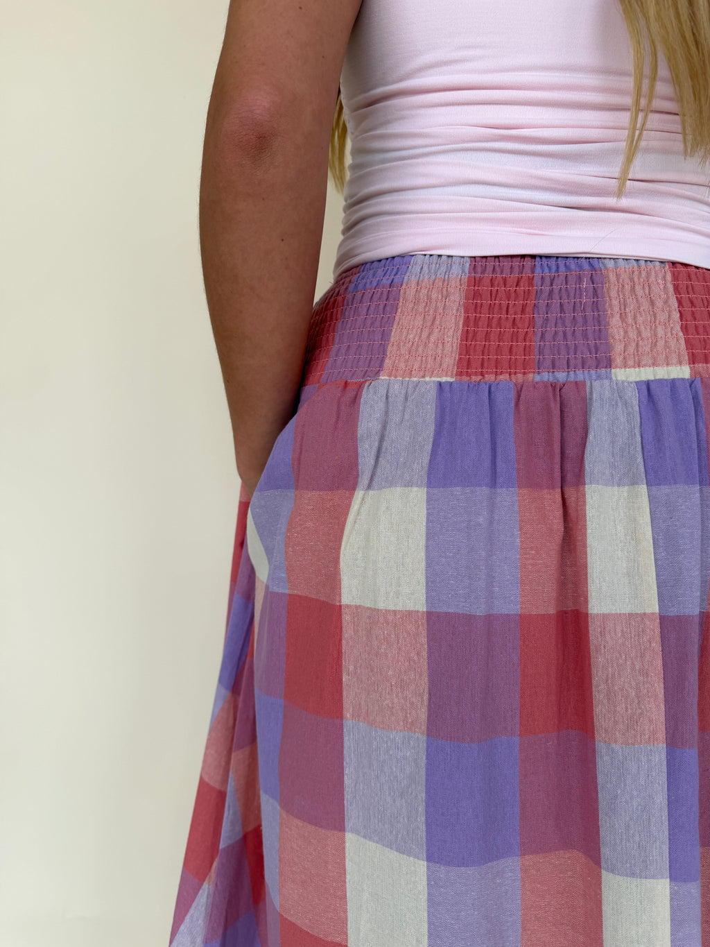 Smocked Waist Plaid Midi Skirt
