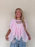 Lace V Ruffle Short Sleeve Top