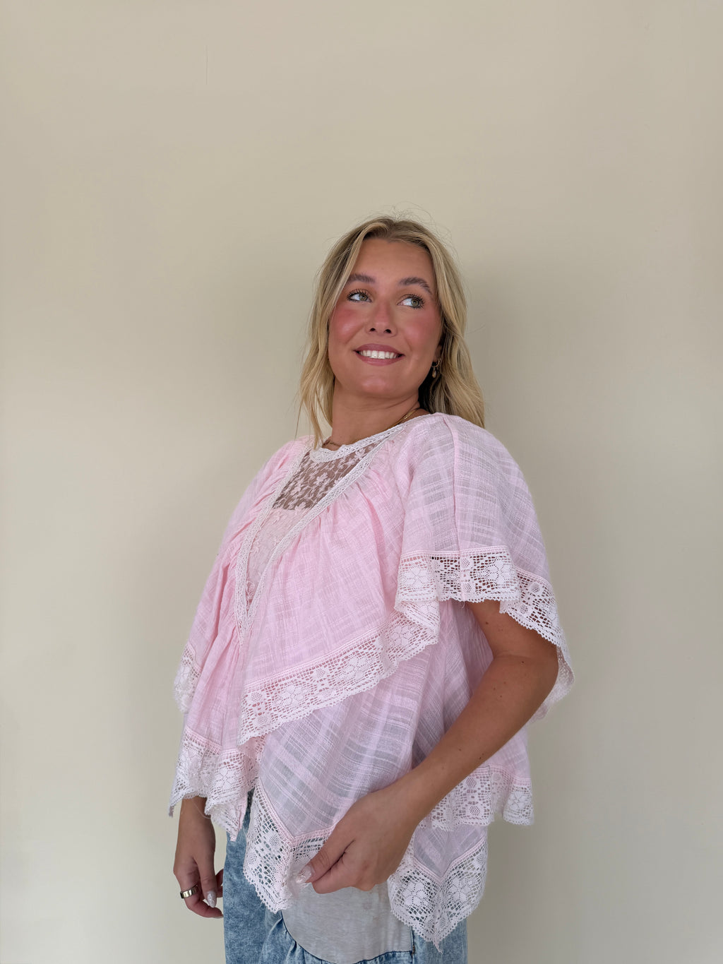 Lace V Ruffle Short Sleeve Top